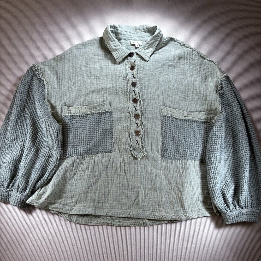 POL Women's 1/2 Button Up Gauze/Waffle Knit Balloon Sleeve Top Sage Green Small
